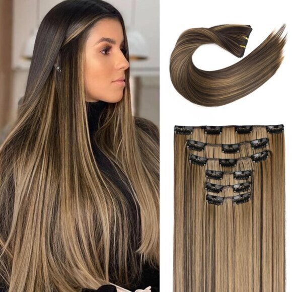 New 6PC Clip-in Hair Extensions 24" Straight Synthetic Choclate Blonde Highligts
